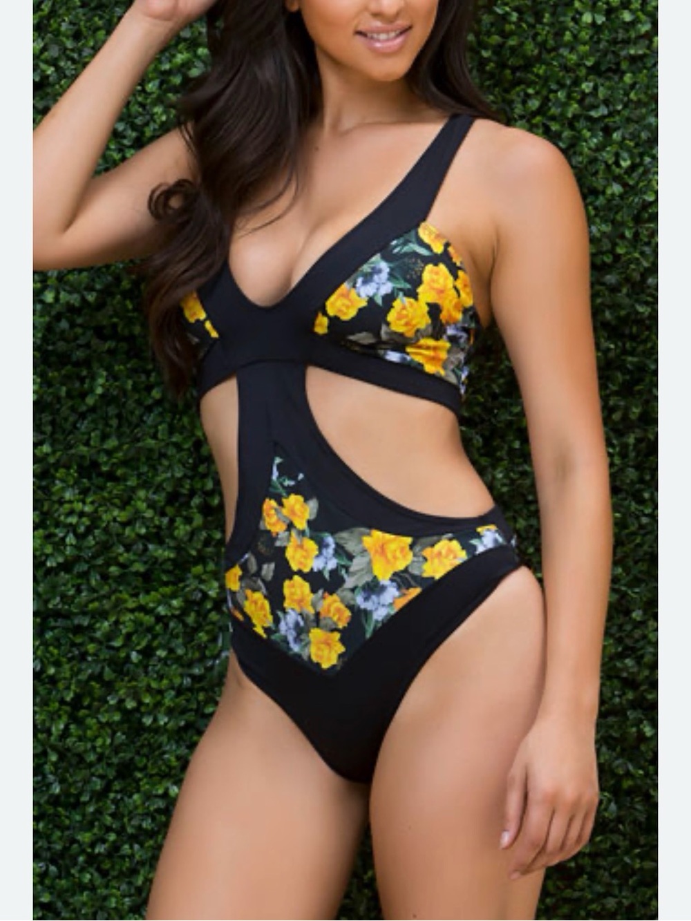 Yandy Black One-Piece Swimsuit with Yellow Floral Cutouts /Colombian